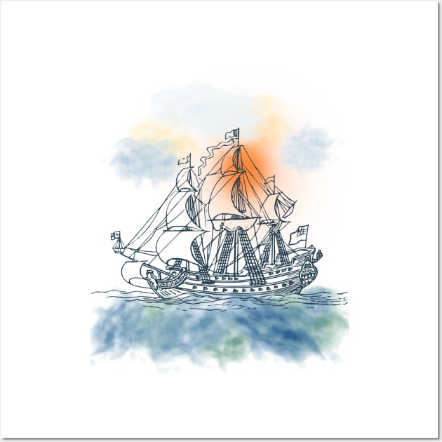 Sailing Ship with Orange Sun Wall Art by Lighttera